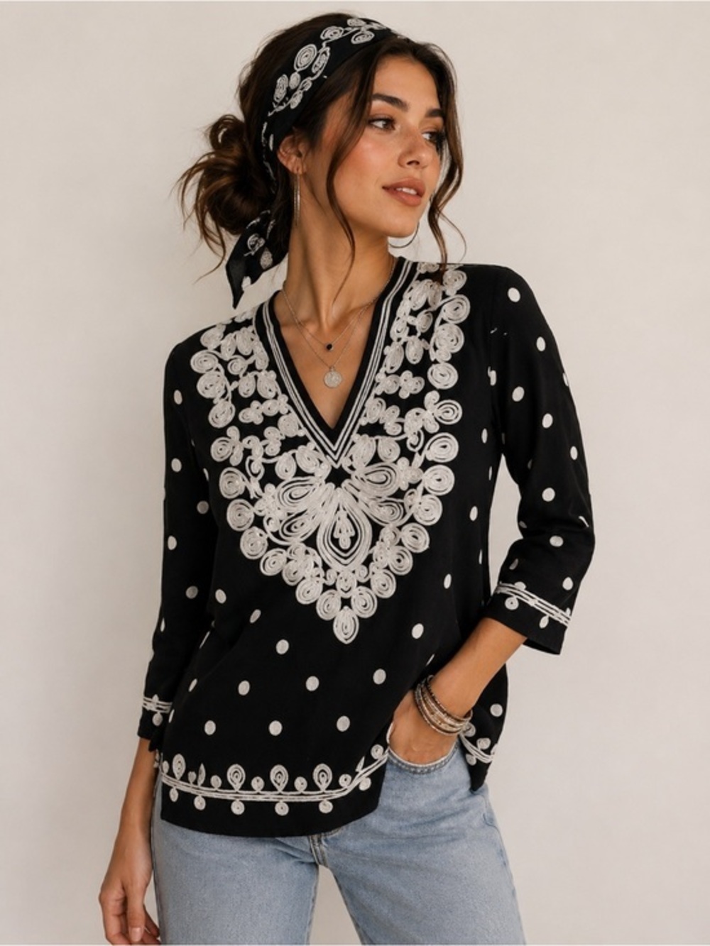 V Cristina Black White Embroidered Polka Dot Tunic Boho Preppy Chic Top S